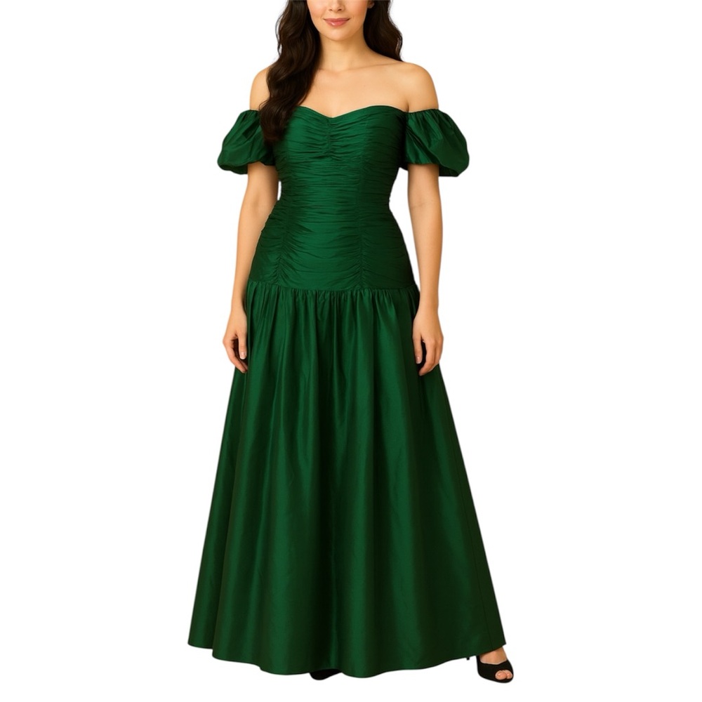Vintage 80s Victor Costa Metallic Green‎ Taffeta Off-the-shoulder Gown